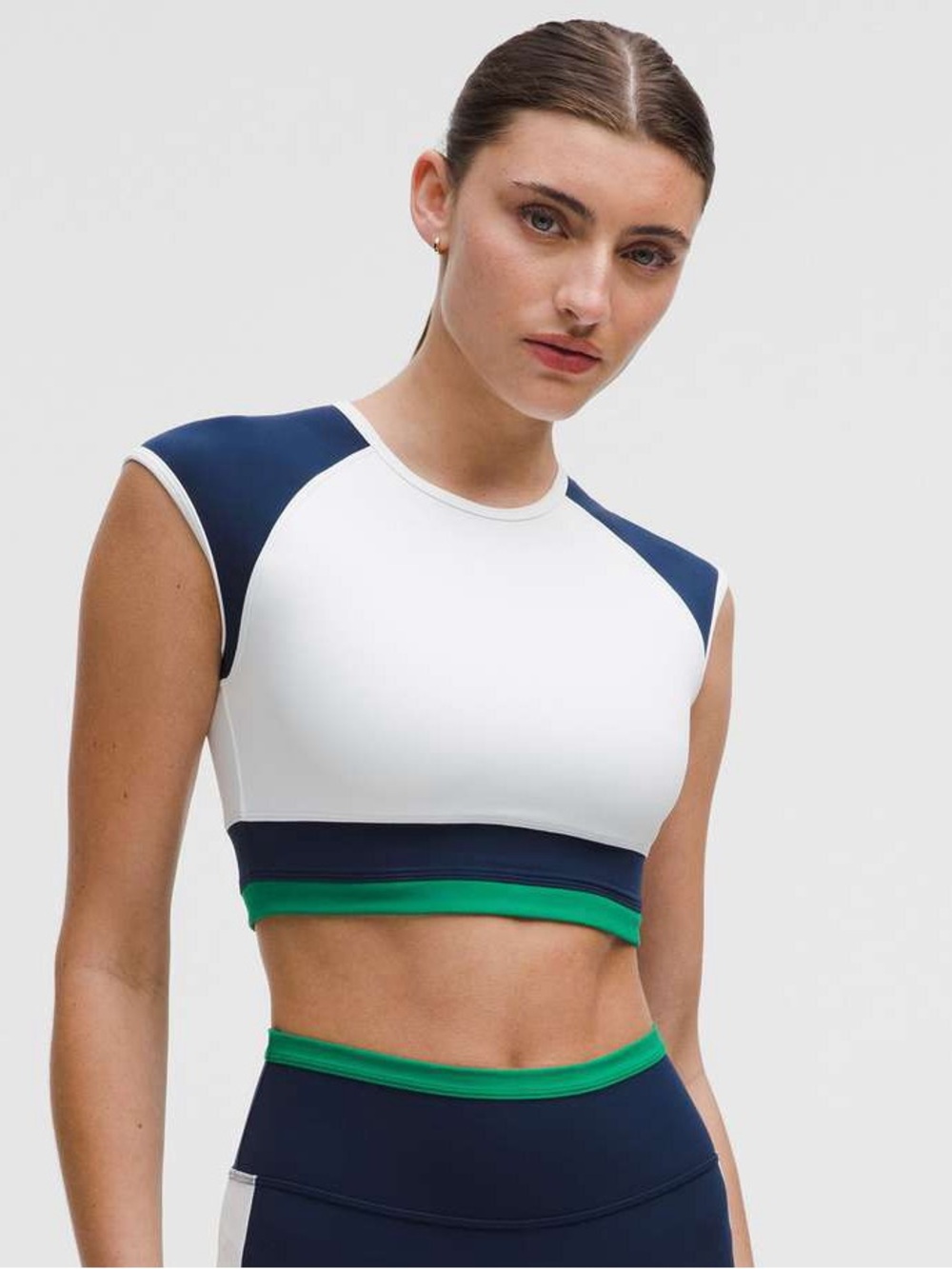 Lululemon Colorblock Cap Sleeve Cropped Training Top White Navy Green XS